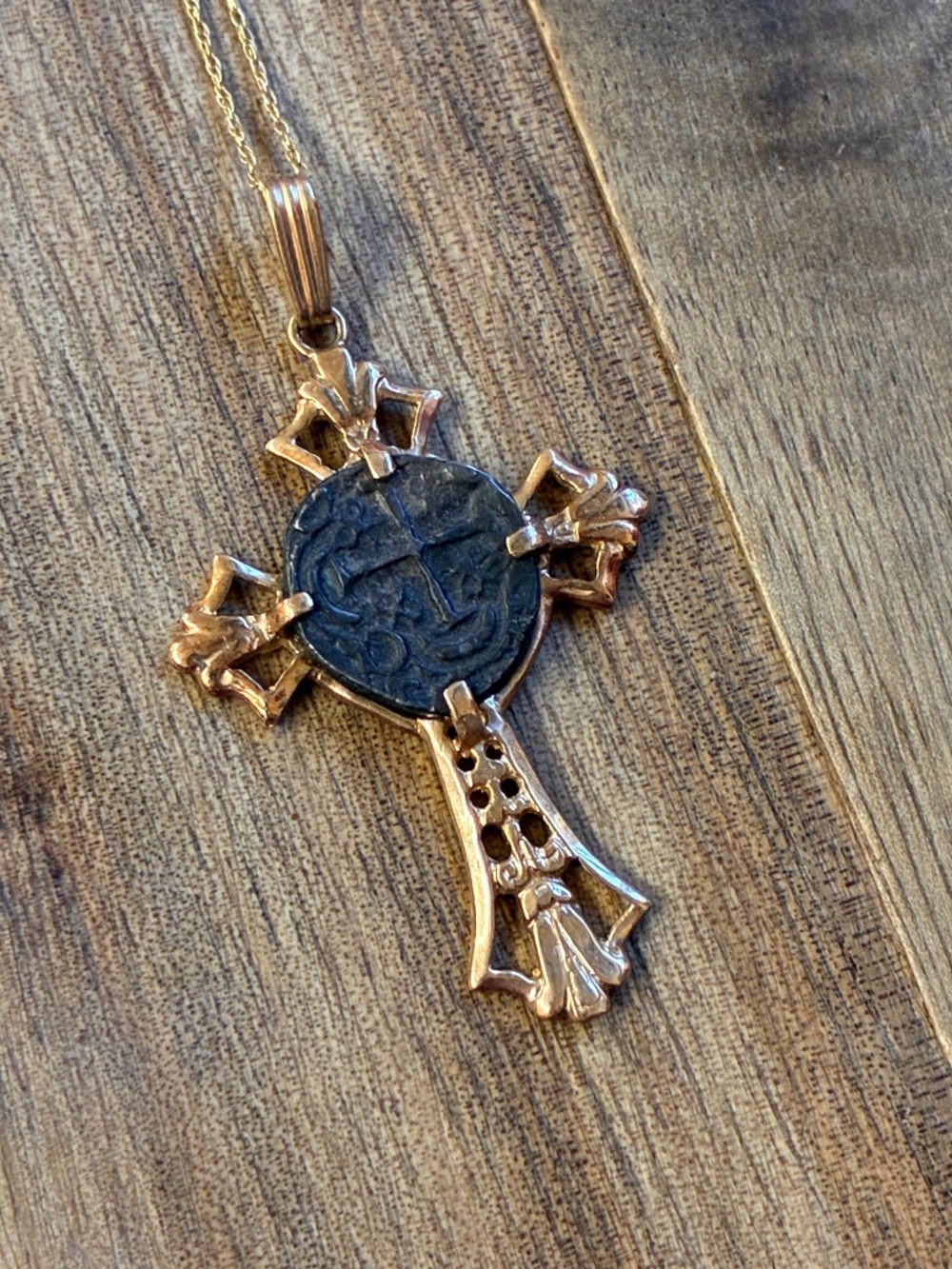 Genuine Ancient Judean Widow's Mite Coin Cross Pendant 14K Yellow Gold Chain